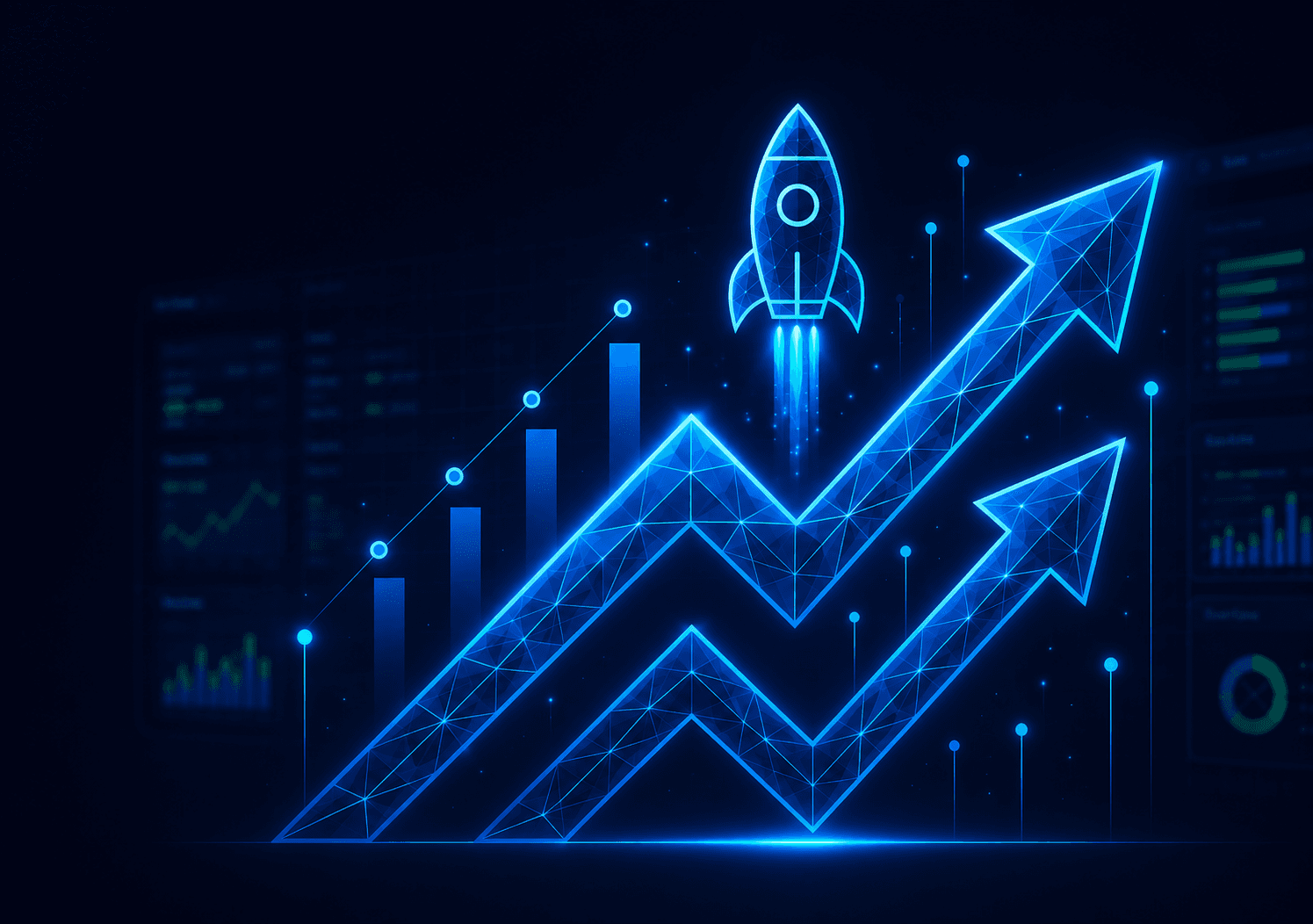 Growth chart with a rocket launching, representing rapid digital growth